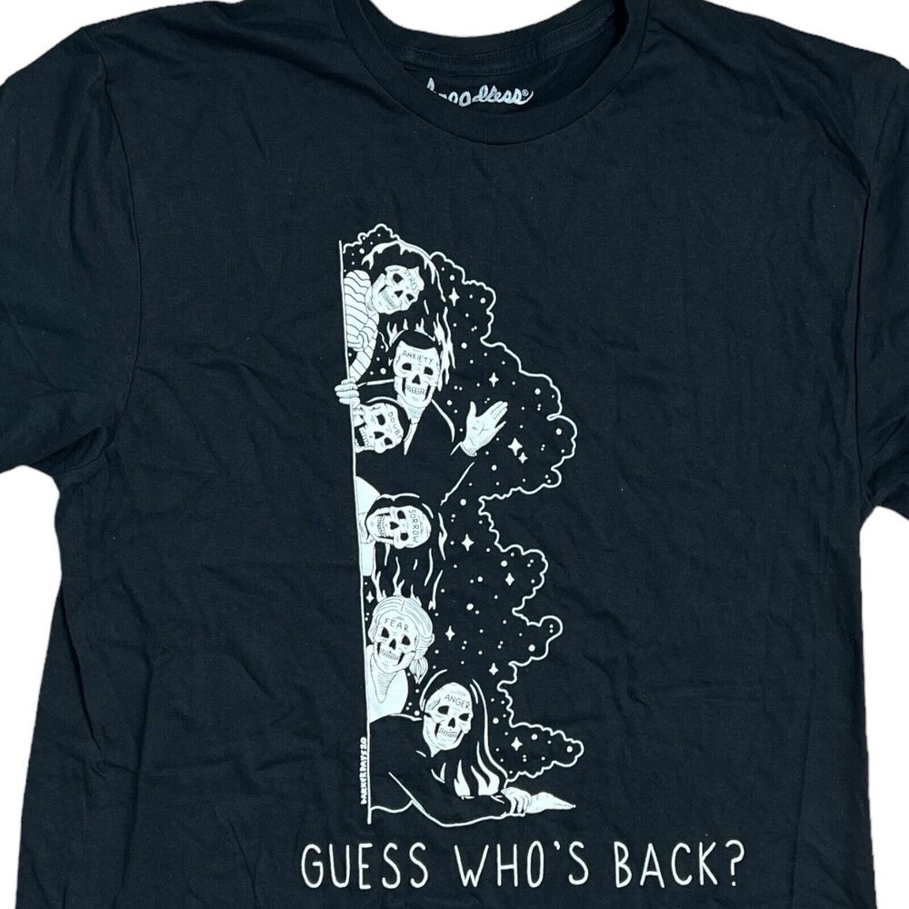 THREADLESS T-Shirt L Darker Days GUESS WHO ANXIETY FEAR Halloween Skull Emotions